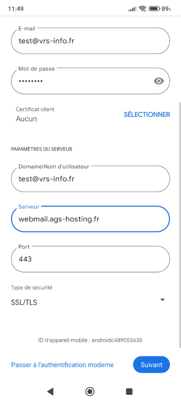 écran de configuration app Gmail sur Android pour Zimbra étape 5