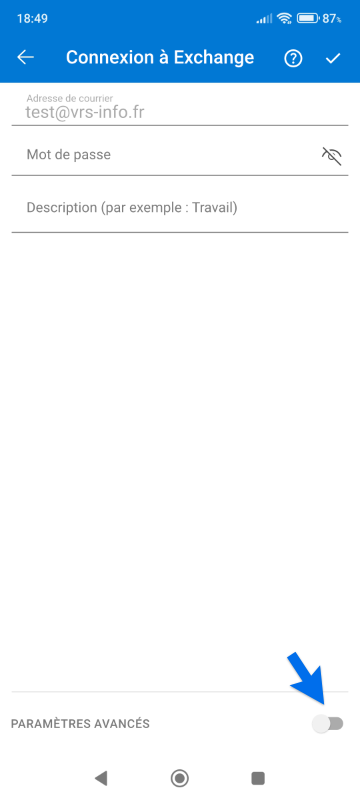 écran de configuration app Microsoft Outlook sur Android pour Zimbra étape 4