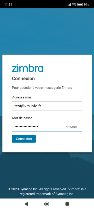 écran de connexion application Zimbra étape 2