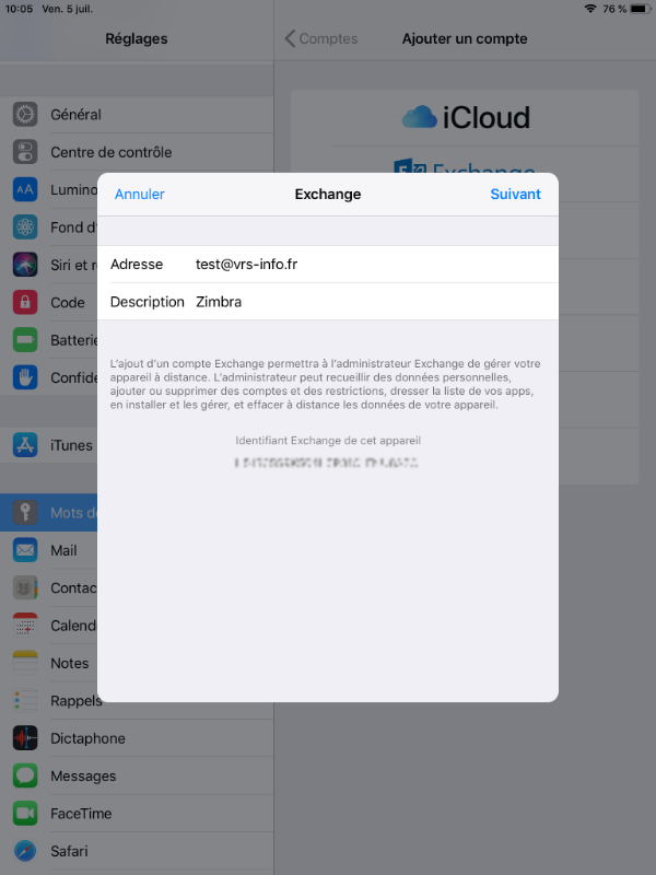 écran de configuration Zimbra sur iOS étape 3