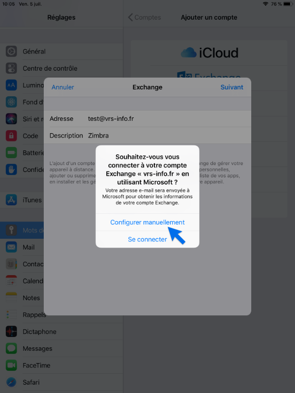 écran de configuration Zimbra sur iOS étape 4