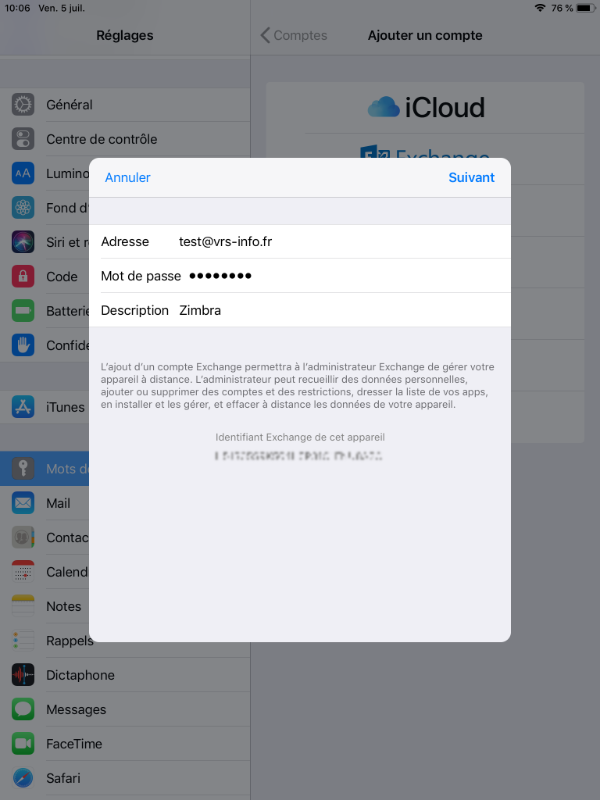 écran de configuration Zimbra sur iOS étape 5