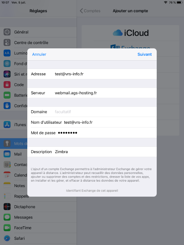 écran de configuration Zimbra sur iOS étape 6