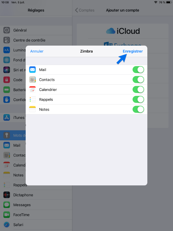 écran de configuration Zimbra sur iOS étape 7