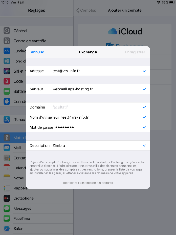 écran de configuration Zimbra sur iOS étape 7 (suite)