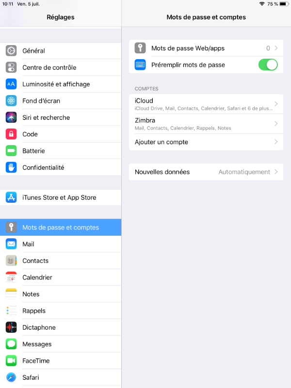 écran de configuration Zimbra sur iOS étape 8 (fin)