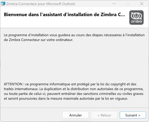 écran de configuration du Zimbra Connecteur pour Outlook sur Windows étape 1