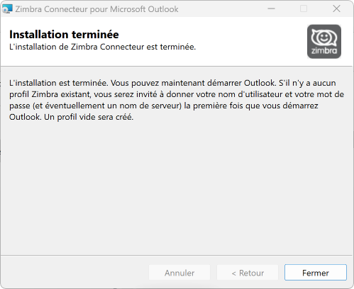 écran de configuration du Zimbra Connecteur pour Outlook sur Windows étape 3 (fin)